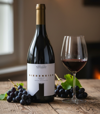 Merlot Wein neben Weinglas auf einemTisch